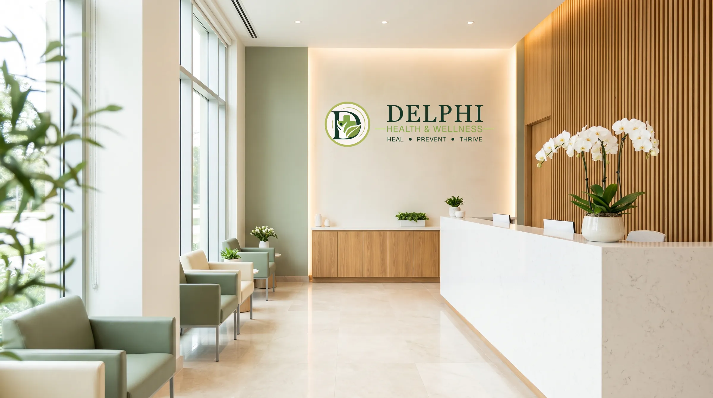 Bright, plant-filled wellness reception with a marble welcome desk, white orchids and soft natural light